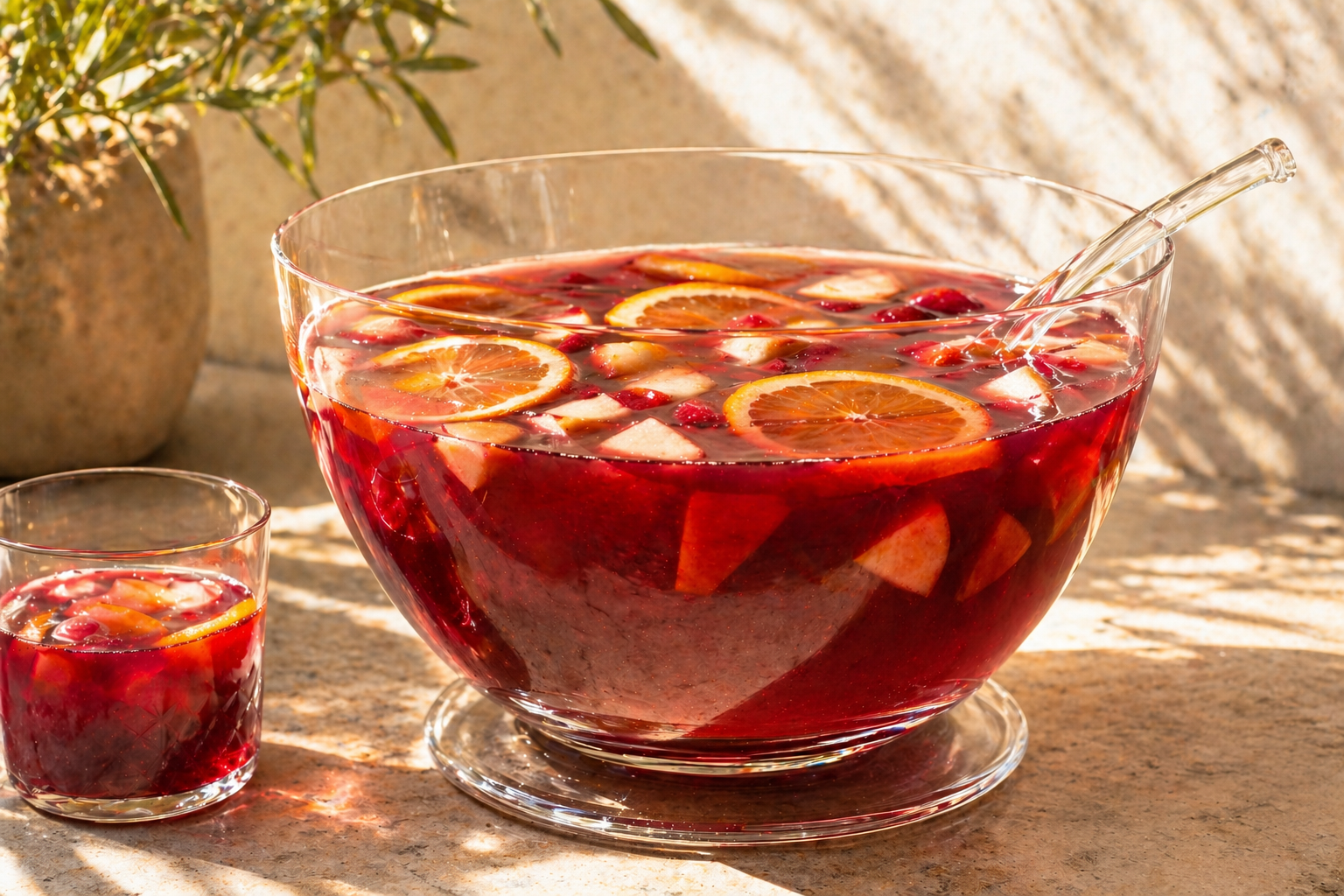 Sangria rouge pour 10 personnes avec fruits frais dans un saladier à punch