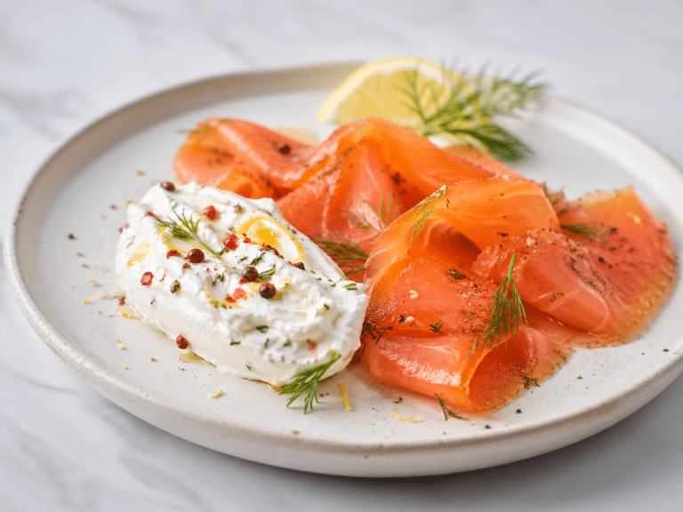 Crème grelette à l’aneth et baies roses servie avec du saumon gravlax